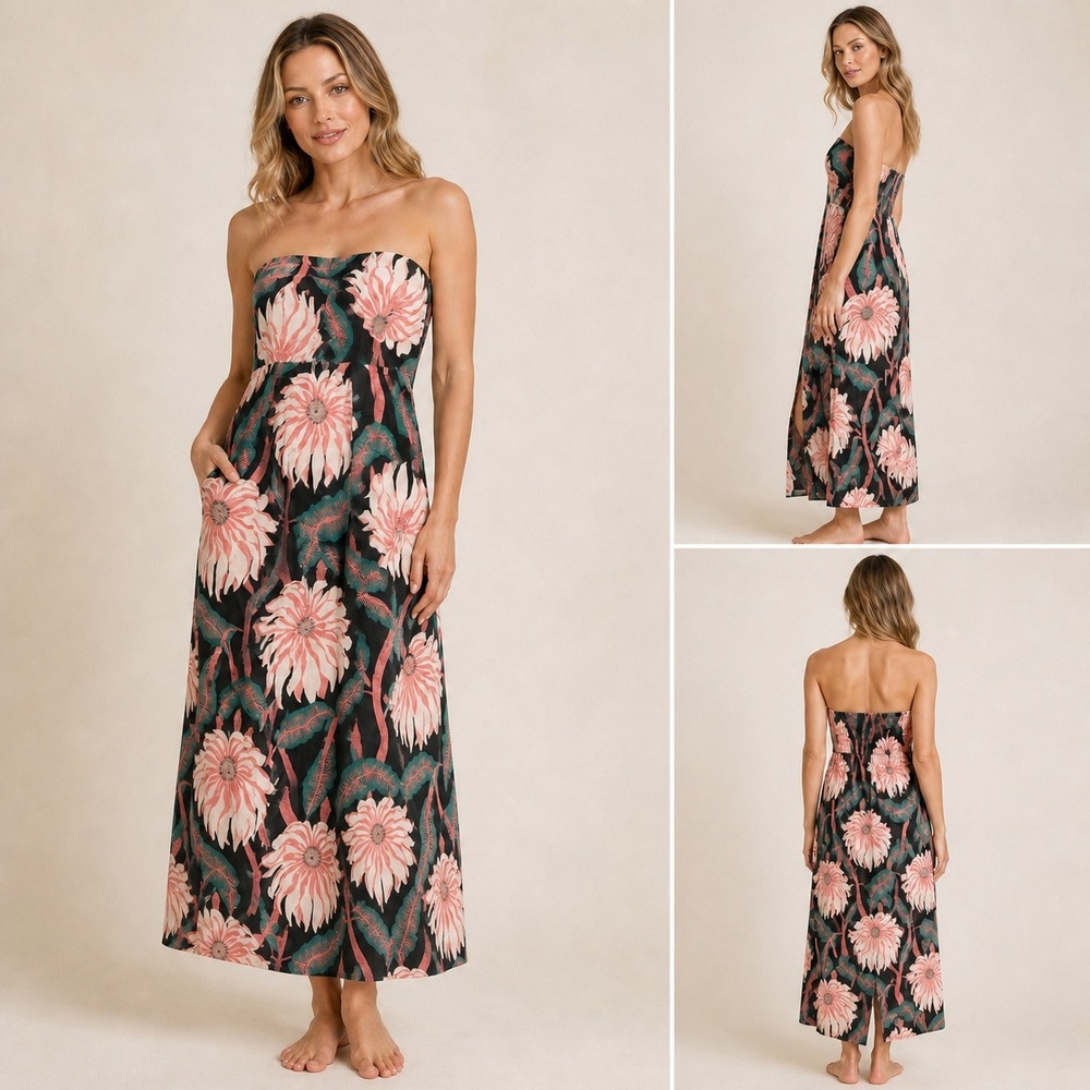 Anthropologie Grace Gillespie Strapless Linen Midi Dress S Black Pink Floral